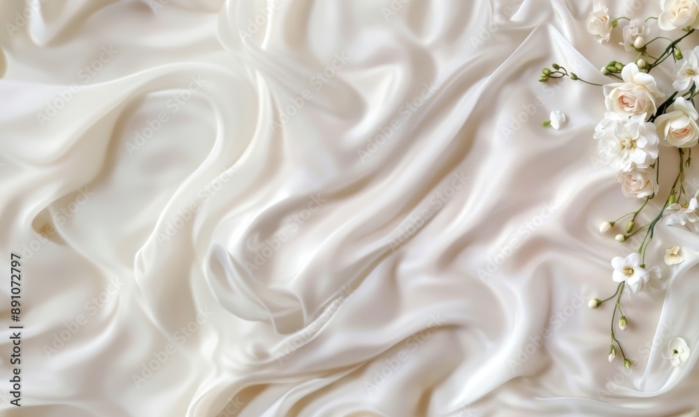 Obraz premium White flowers on silk fabric, creating a luxurious and elegant floral arrangement against a smooth and shiny background.