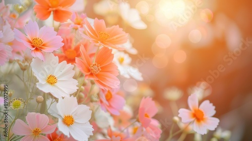 A bouquet of pink flowers with yellow centers. The flowers are arranged in a vase and are surrounded by a blurry background. Concept of warmth and happiness, as the bright colors of the flowers