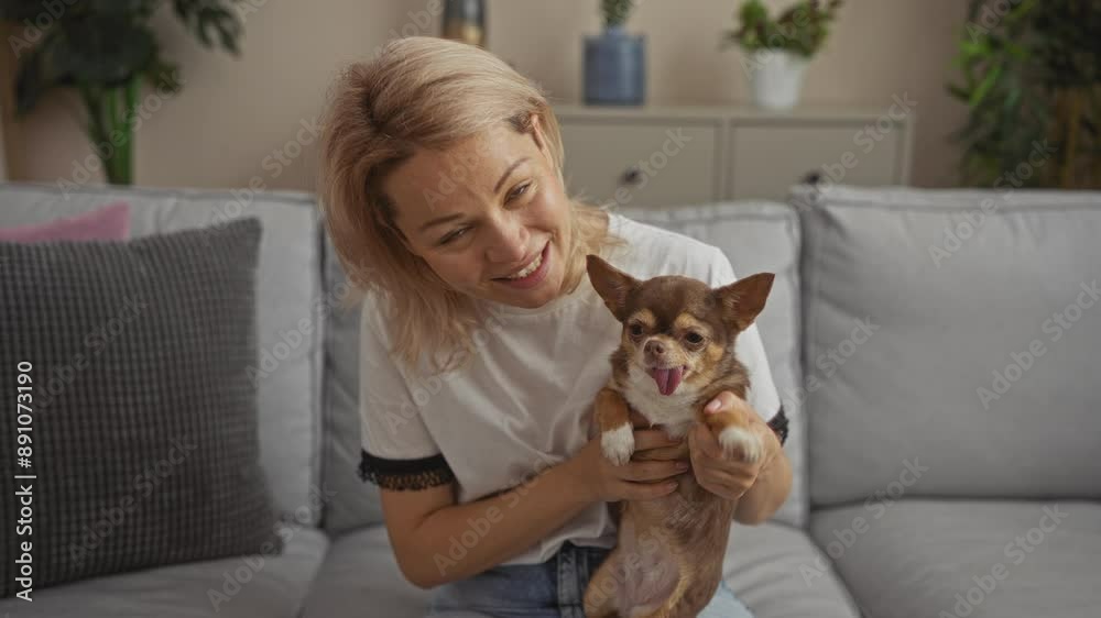 A young blonde woman sits in a living room holding a cute chihuahua on her lap, showcasing her affectionate bond with her pet in a cozy home setting. A young blonde woman sits in a living room holding a cute chihuahua on her lap, showcasing her affectionate bond with her pet in a cozy home setting.