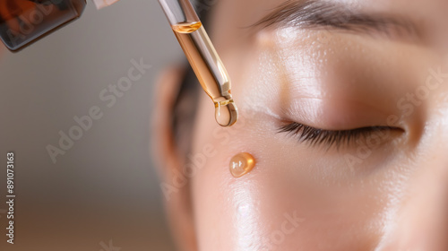 Tea Tree Oil Treatment on Acne-Prone Face of South Korean Woman, Showcasing Natural Antibacterial Effectiveness for Skincare