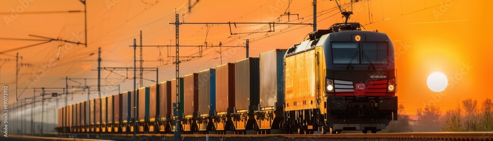 A train is traveling down the tracks with a bright orange front. The train is carrying a large number of cargo containers