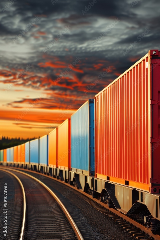 A train is traveling down the tracks with a bright orange front. The train is carrying a large number of cargo containers A train is traveling down the tracks with a bright orange front. The train is carrying a large number of cargo containers