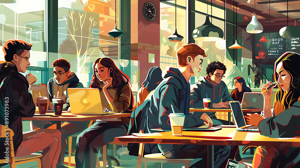 10. University students in a bustling campus coffee shop, some working on laptops while others enjoy conversations and drinks, with a detailed view of a student's hand stirring a cup of coffee 