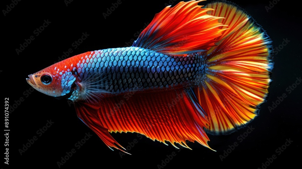 Colorful Siamese Fighting Fish Isolated on Black Background - Multi-Colored Betta Fish Colorful Siamese Fighting Fish Isolated on Black Background - Multi-Colored Betta Fish