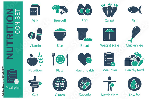 Nutrition icon set. healthy food, meal plan, gluten and more. solid icon style. nutrition element vector illustration