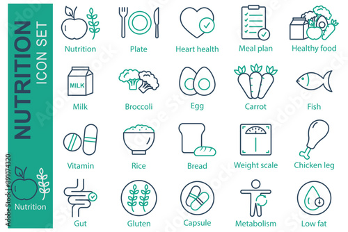 Nutrition icon set. healthy food, meal plan, gluten and more. line icon style. nutrition element vector illustration