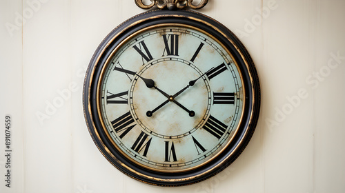 Antique Bronze Wall Clock Displaying Time Against Distressed Blue Wall