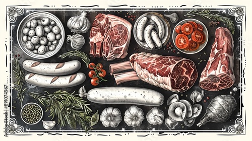 vector, illustration, flat, Vintage vector meat products design template. Hand drawn ham, sausages, jamon, spices and herbs. Raw food ingredients. Retro illustration. Can be use for label, restaurant 