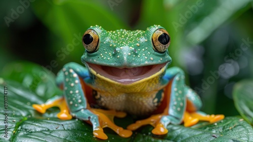 Playful Tree Frog Taking Flight with a Joyful Laugh © Tuong