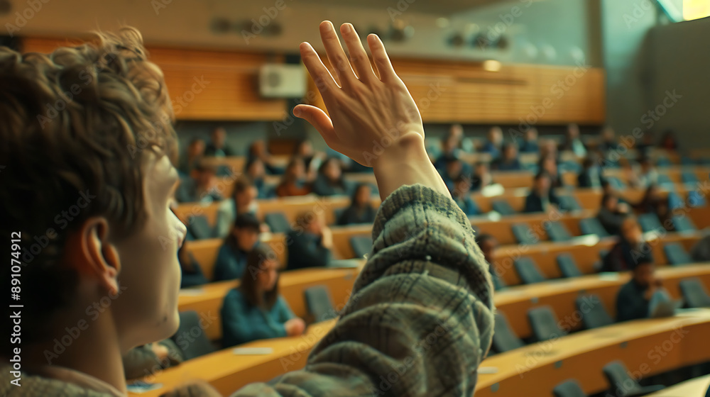 3. A university student raising their hand during a lecture in a large, modern classroom filled with attentive students, capturing the fine details of the fingers and skin texture 