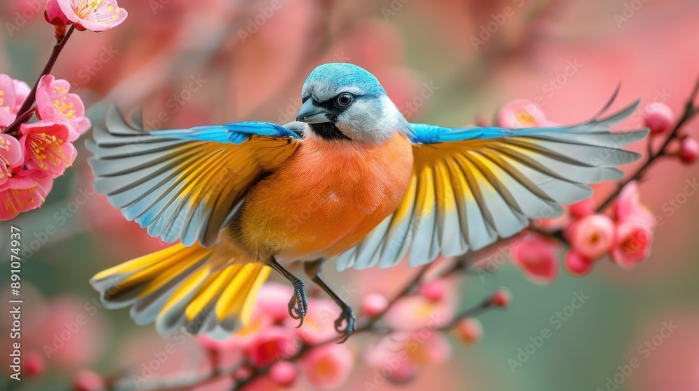 Colorful Tropical Bird in Flight Among Blooming Tree in Macro Shot Colorful Tropical Bird in Flight Among Blooming Tree in Macro Shot