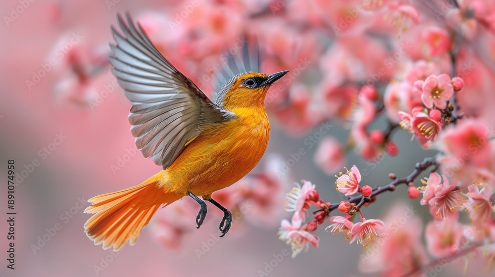 Fototapeta premium Colorful Tropical Bird in Flight Among Blooming Tree in Macro Shot