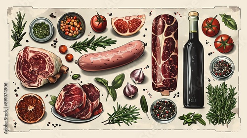 vector, illustration, flat, Vintage vector meat products design template. Hand drawn ham, sausages, jamon, spices and herbs. Raw food ingredients. Retro illustration. Can be use for label, restaurant 