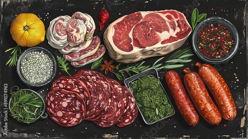 vector, illustration, flat, Vintage vector meat products design template. Hand drawn ham, sausages, jamon, spices and herbs. Raw food ingredients. Retro illustration. Can be use for label, restaurant 