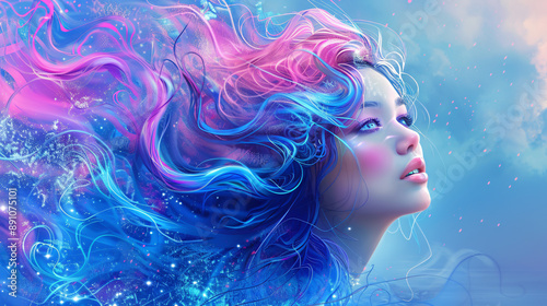 A digital art of a woman with blue and pink hair.