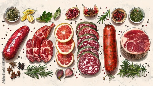 vector, illustration, flat, Vintage vector meat products design template. Hand drawn ham, sausages, jamon, spices and herbs. Raw food ingredients. Retro illustration. Can be use for label, restaurant 