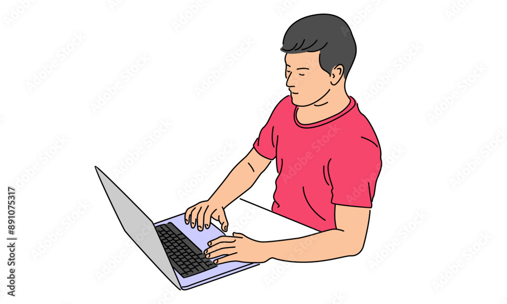Naklejka premium line art color of man with laptop computer