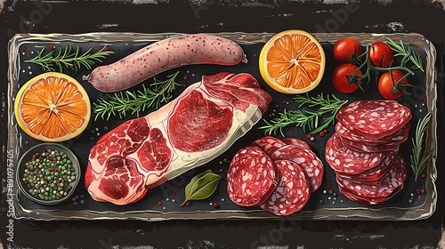 vector, illustration, flat, Vintage vector meat products design template. Hand drawn ham, sausages, jamon, spices and herbs. Raw food ingredients. Retro illustration. Can be use for label, restaurant 