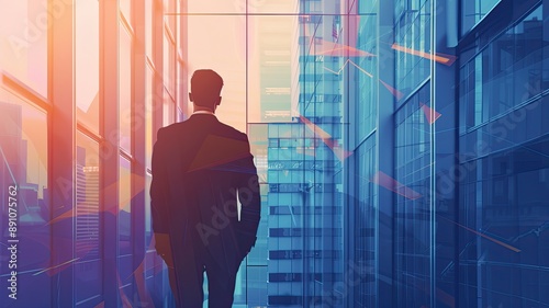 Flat vector art of a businessman in a full suit against a background of glass office buildings, symbolizing stock investment and equity concepts. Ideal for business and economic themes.