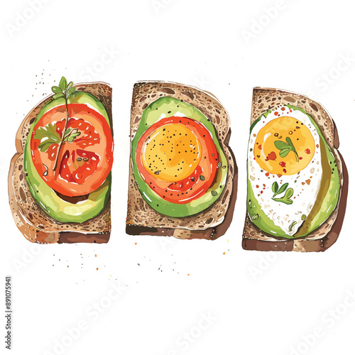 Avocado Toast with Tomato and Egg, Healthy Breakfast Food Illustration