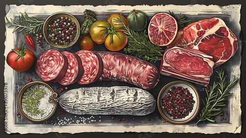 vector, illustration, flat, Vintage vector meat products design template. Hand drawn ham, sausages, jamon, spices and herbs. Raw food ingredients. Retro illustration. Can be use for label, restaurant 