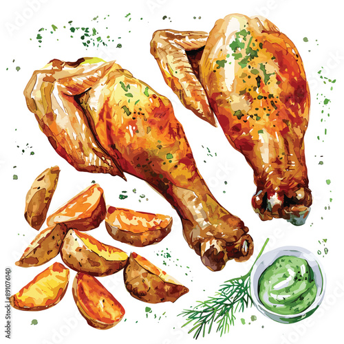 Roasted Chicken Legs with Potato Wedges and Green Sauce