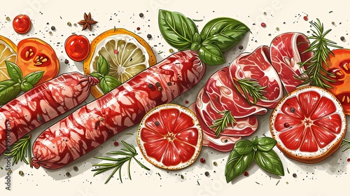 vector, illustration, flat, Vintage vector meat products design template. Hand drawn ham, sausages, jamon, spices and herbs. Raw food ingredients. Retro illustration. Can be use for label, restaurant 