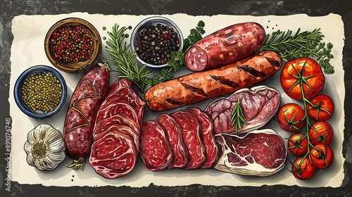 vector, illustration, flat, Vintage vector meat products design template. Hand drawn ham, sausages, jamon, spices and herbs. Raw food ingredients. Retro illustration. Can be use for label, restaurant 