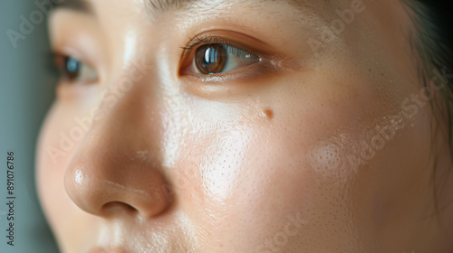 South Korean Woman Applying Zinc PCA Serum for Acne Treatment Balancing Sebum Production photo