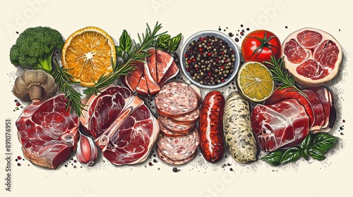 vector, illustration, flat, Vintage vector meat products design template. Hand drawn ham, sausages, jamon, spices and herbs. Raw food ingredients. Retro illustration. Can be use for label, restaurant 