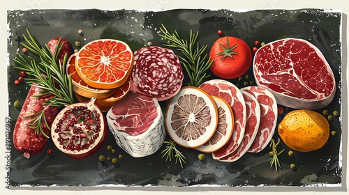 vector, illustration, flat, Vintage vector meat products design template. Hand drawn ham, sausages, jamon, spices and herbs. Raw food ingredients. Retro illustration. Can be use for label, restaurant 
