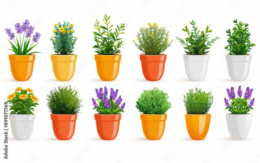 potted plant with tree Collection of flat illustrations arranged in a row. White background vector potted plant with tree Collection of flat illustrations arranged in a row. White background vector