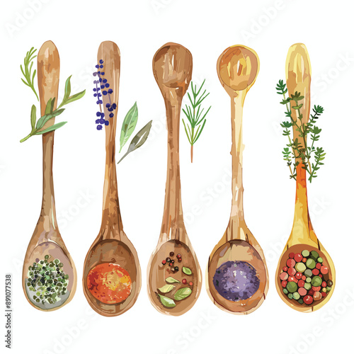 Five wooden spoons with different spices and herbs, watercolor illustration