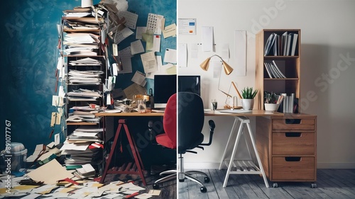 Separate image: On the left is a messy desk. Right is a clean work desk. Time management concept