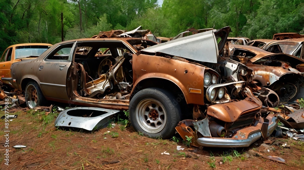 The remains of broken and rusted cars were piled up. The remains of broken and rusted cars were piled up.