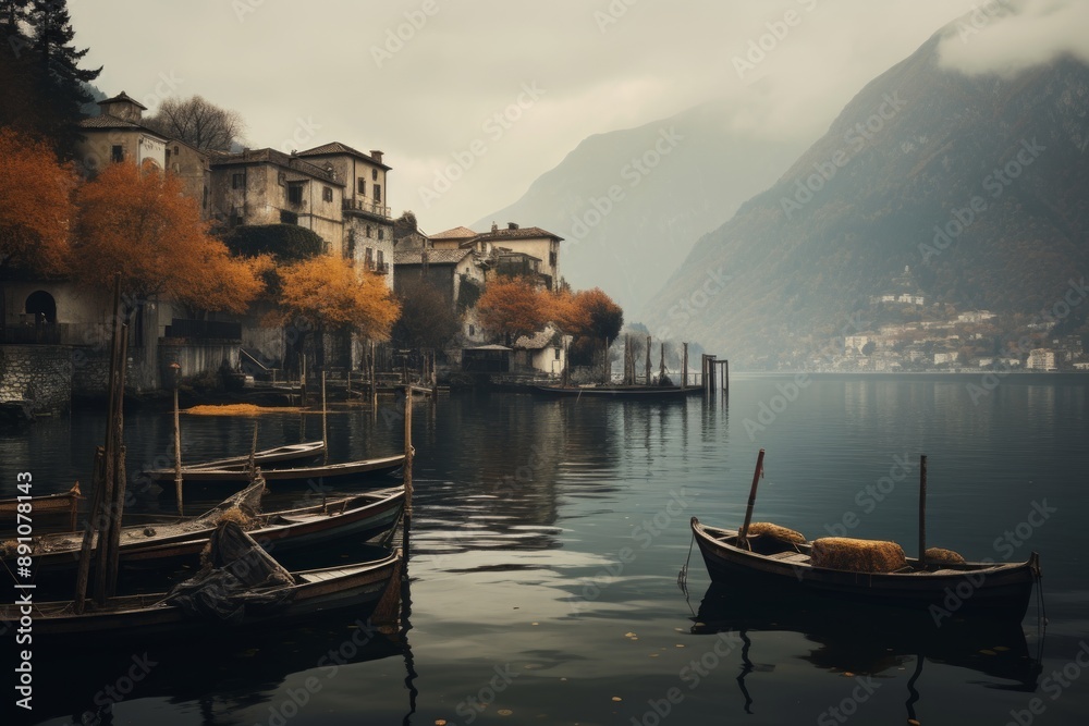 Obraz premium Gloomy Dots Traditional Boats on a Lake Surrounded by Italian Mountains.jpeg