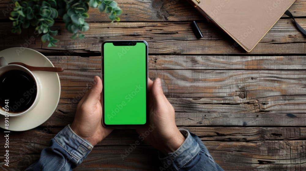 Top view of a person holding a green screen smartphone, wooden table with coffee and notebook in the background. Top view of a person holding a green screen smartphone, wooden table with coffee and notebook in the background.