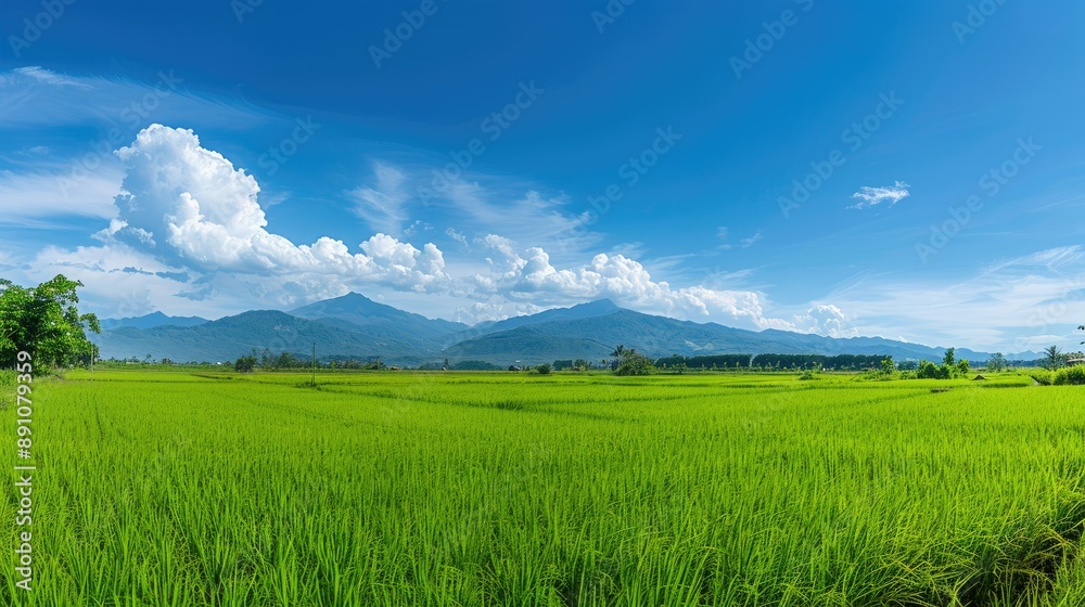 Fototapeta premium Panorama of green rice fields with a clear blue sky and a distant mountain range.