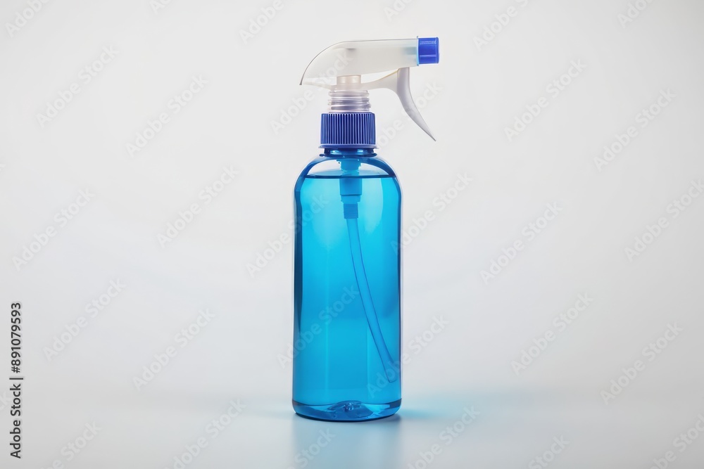 Clean and modern blue plastic spray bottle filled with clear liquid stands alone on a pure white isolated background, showcasing simplicity and minimalism. Clean and modern blue plastic spray bottle filled with clear liquid stands alone on a pure white isolated background, showcasing simplicity and minimalism.