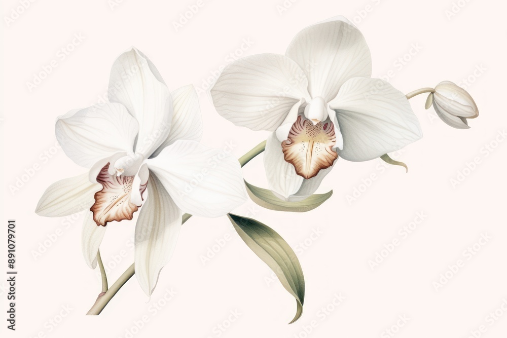 Obraz premium Botanical illustration floating orchid flower plant white.