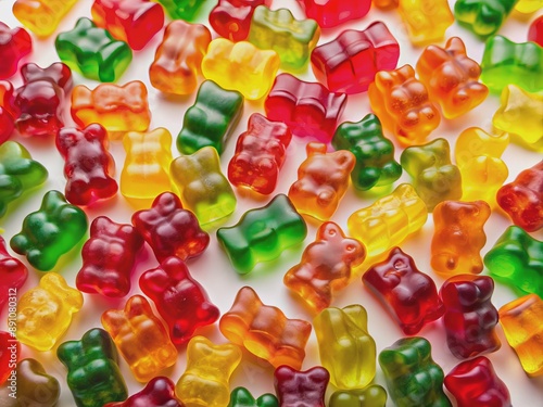 Vibrant colorful jelly gummy bears scattered randomly on a white background, creating a fun, playful, and lively atmosphere, perfect for sweet treats and childhood memories. photo