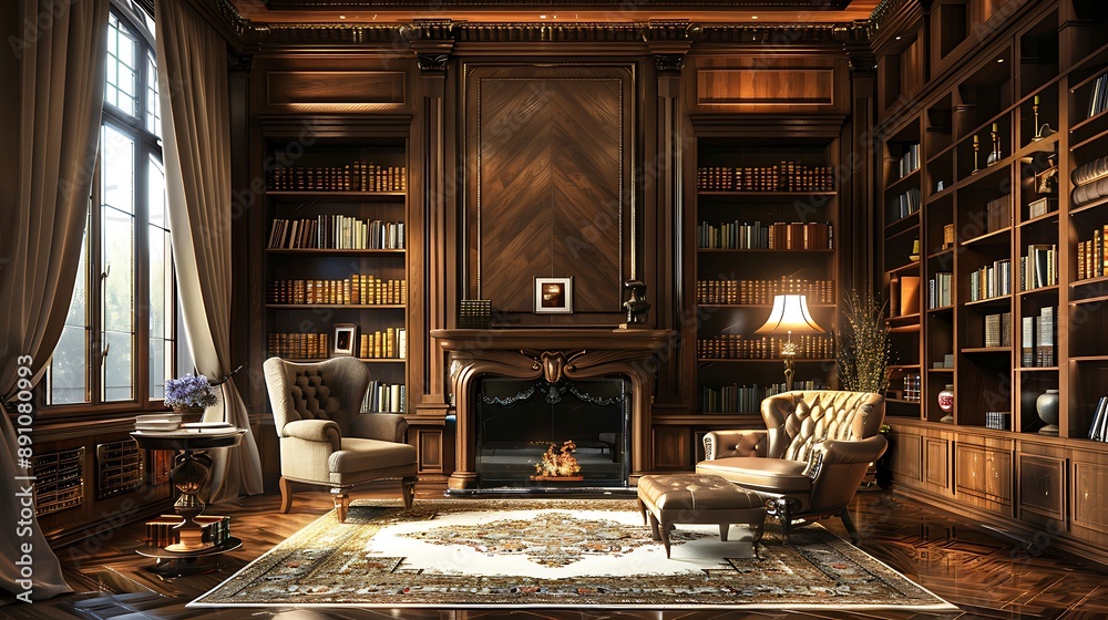 Luxury classic interior of home library sitting room with bookshelf books arm chair sofa and fireplace clean and modern decoration with elegant furniture education read study wisdom concept Luxury classic interior of home library sitting room with bookshelf books arm chair sofa and fireplace clean and modern decoration with elegant furniture education read study wisdom concept
