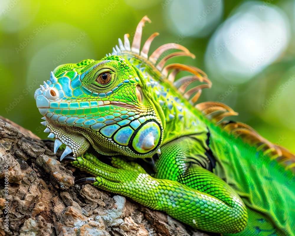 Obraz premium Green Iguana Resting on Tree Branch in Tropical Habitat