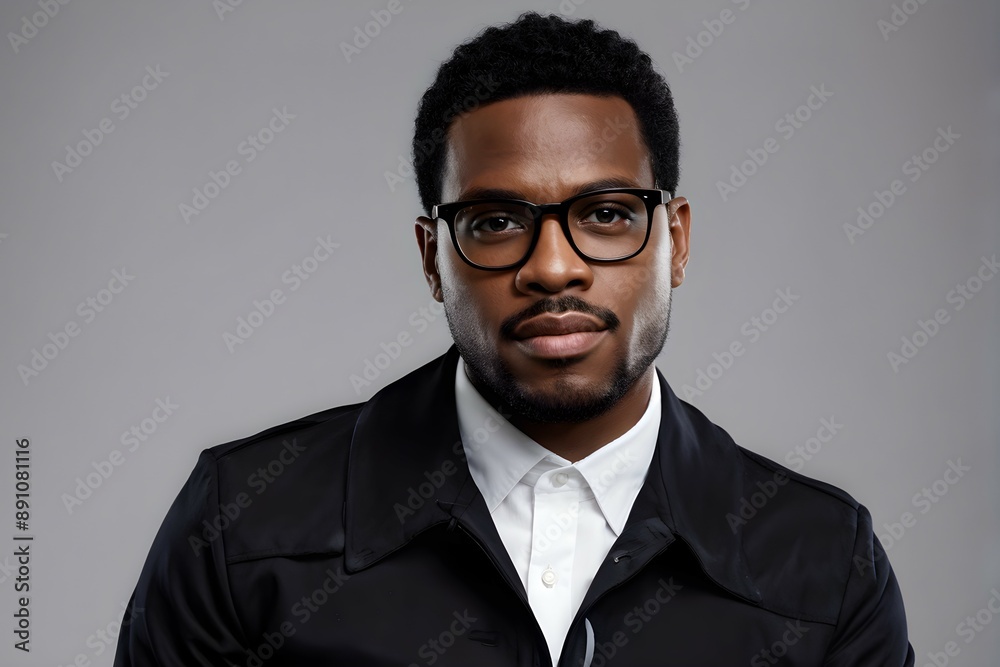 black man with facial hair in black glasses and jacket, white shirt, grey background black man with facial hair in black glasses and jacket, white shirt, grey background