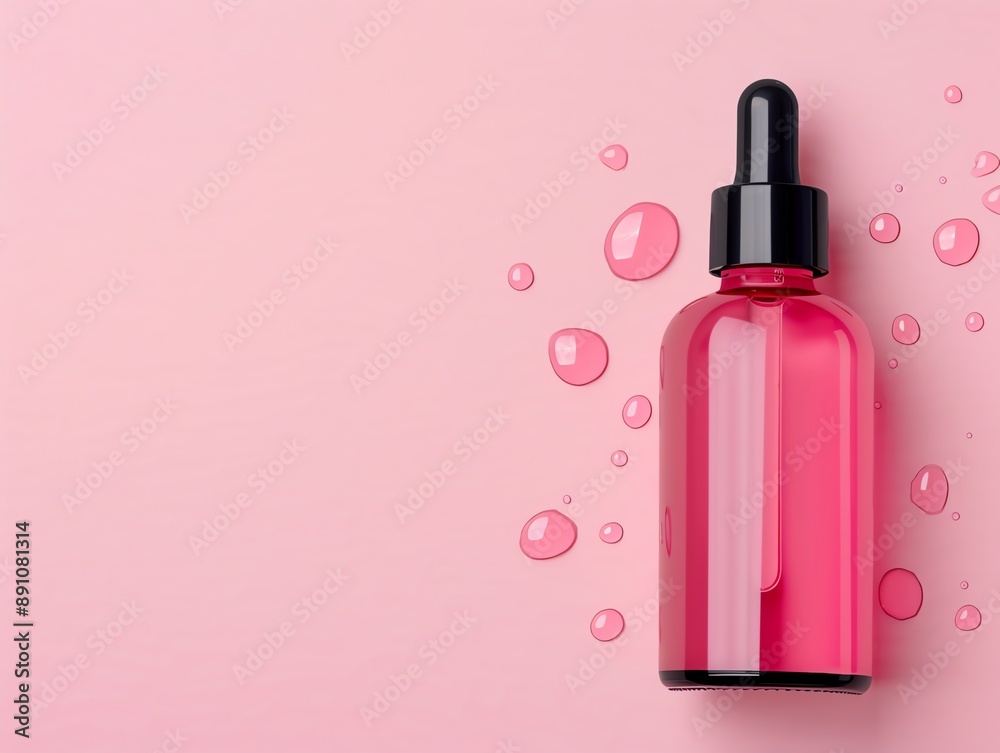Minimalist Beauty Serum Bottle on Light Pink Background with Water Droplets