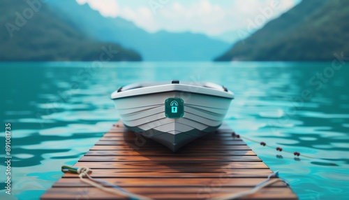 Peaceful Boat Docked at Idyllic Pier with Serene Water and SkyFuturistic Digital Artwork Featuring Abstract Green Shield and Lock Icon Above Circuit Board with Glowing Data Streams photo