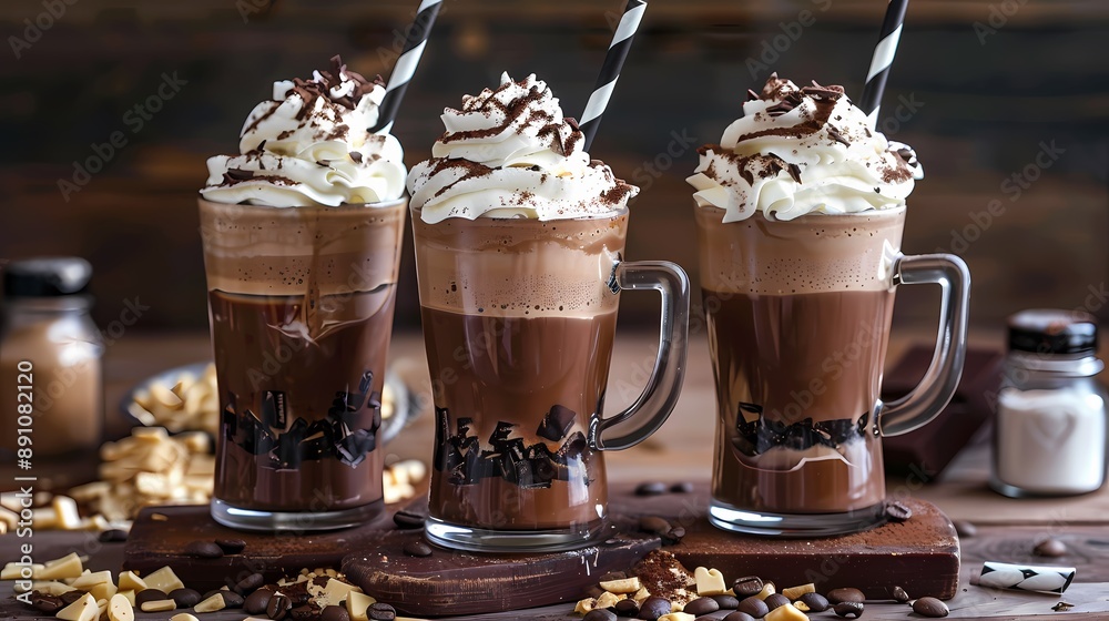 creamy iced coffees topped with whipped cream and chocolate syrup, perfect for a sweet treat
