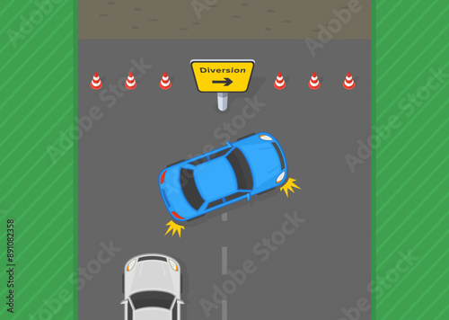 Safe driving tips and traffic regulation rules. Top view of a car making u-turn at "diversion" road sign. Flat vector illustration template.