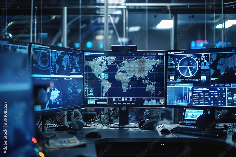 Future Soec Ops Desktop Background Cybersecurity operations center (SOC) with analysts at computer ...