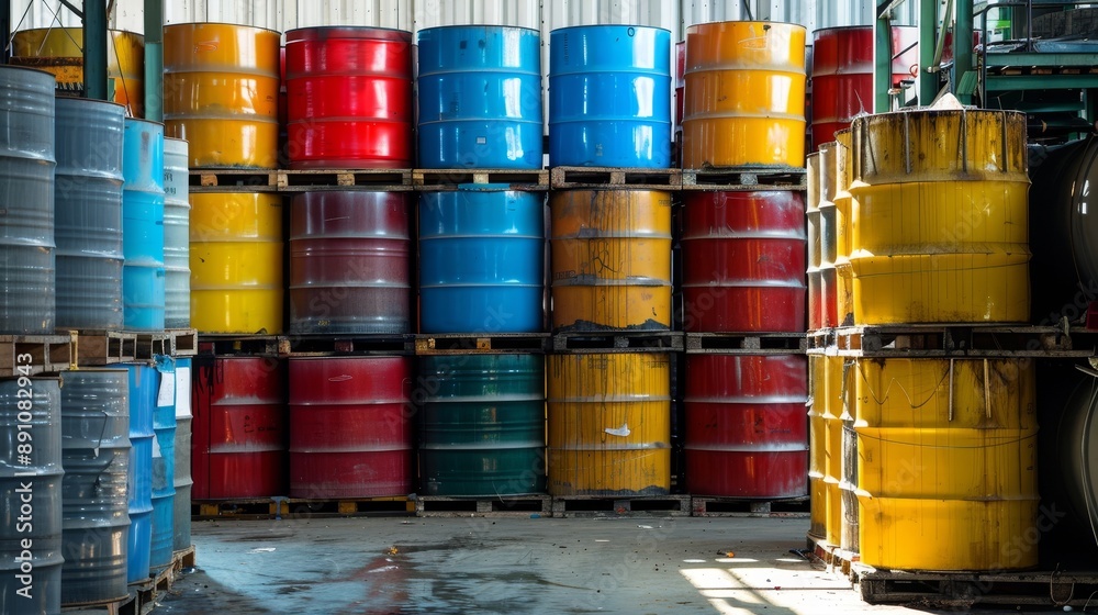 Stacked Barrels of Color in an Industrial Setting, Pallet, Factory, Storage, Oil Stacked Barrels of Color in an Industrial Setting, Pallet, Factory, Storage, Oil